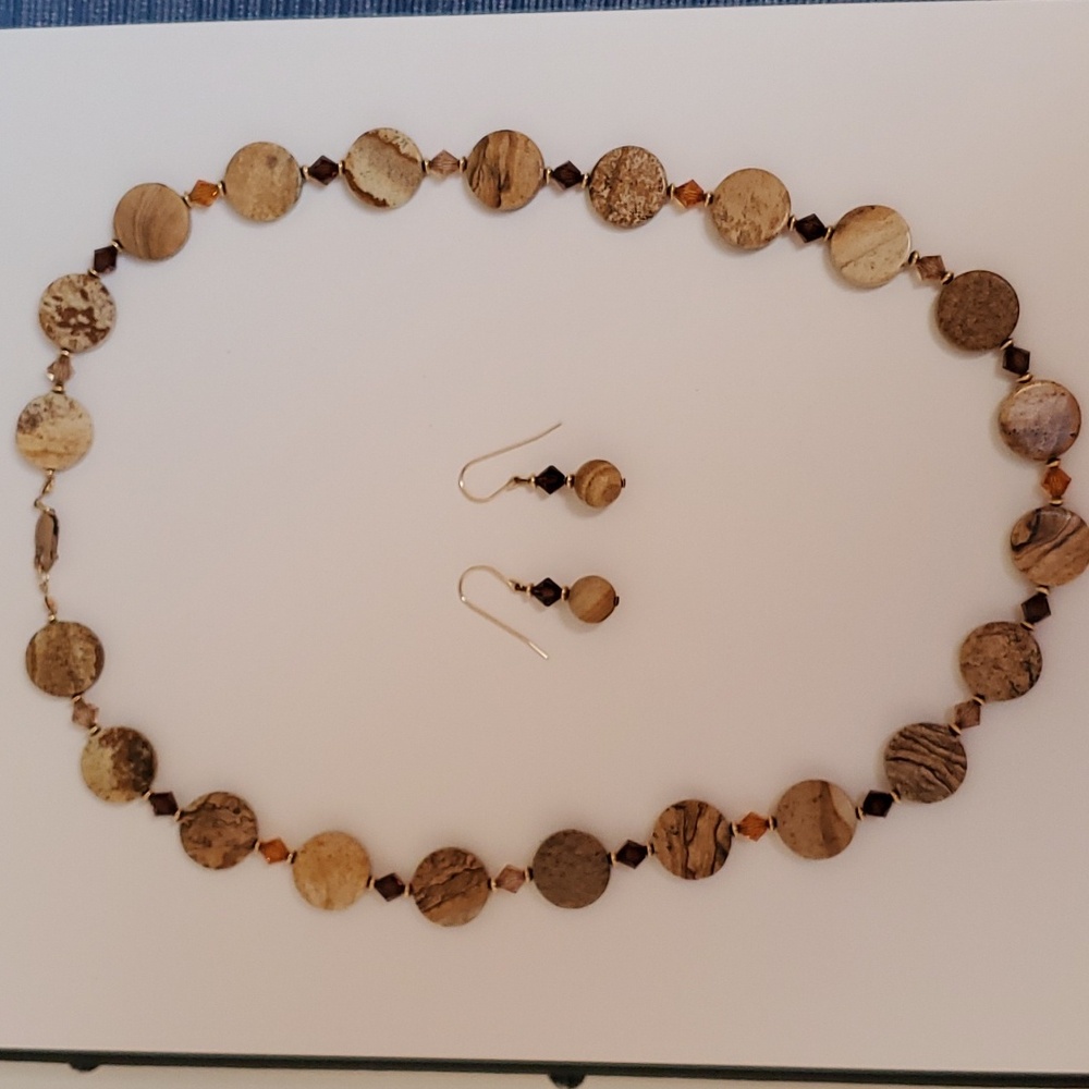 SET: HAND CRAFTED Picture Jasper Beads & Swarovski Crystals Necklace & Earrings